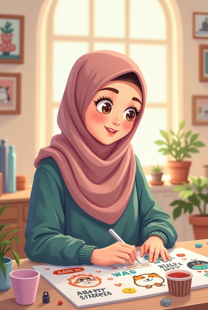 First name Amal with hijab writing habibi with pink green black heart