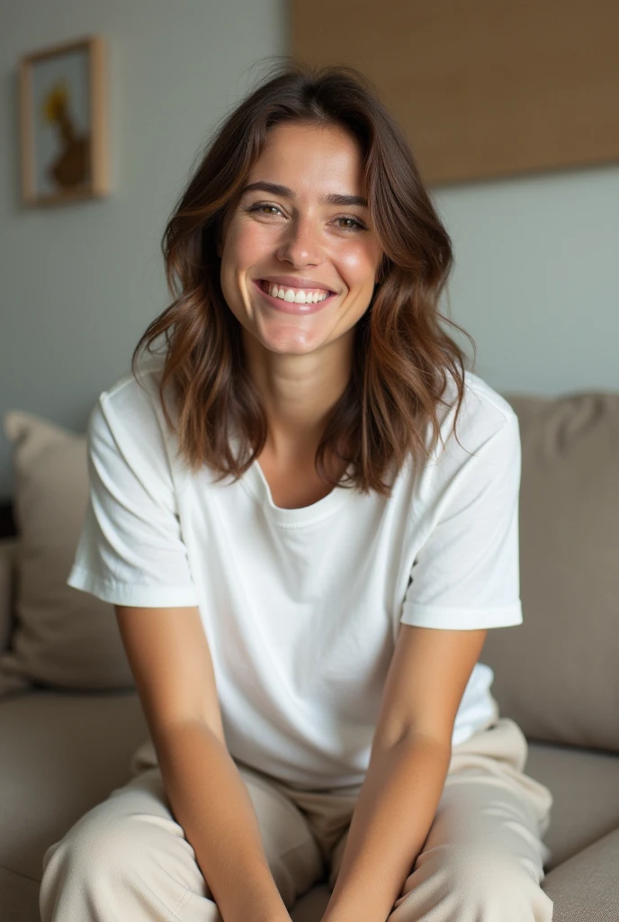 A 35-year-old American woman wearing beige cotton t-shirt sitting on a sofa