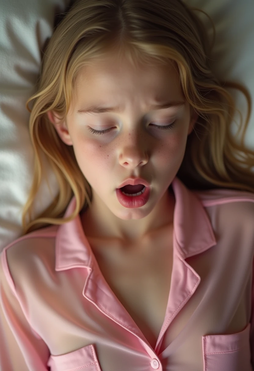  beautiful beautiful very cute **-****-*** girl having a wet dream, close up,  transparent pink pajamas ,  shiny skin, face in orgasm,  closed eyes ,  Open mouth,  expression of pain , great pleasure,  biting her lip , ,  small breasts , mamilos pokies,  squeezing her breasts together , (Mckenna Grace:madi teeuws:Cameron Richardson), best rear viewpoint , whole body
