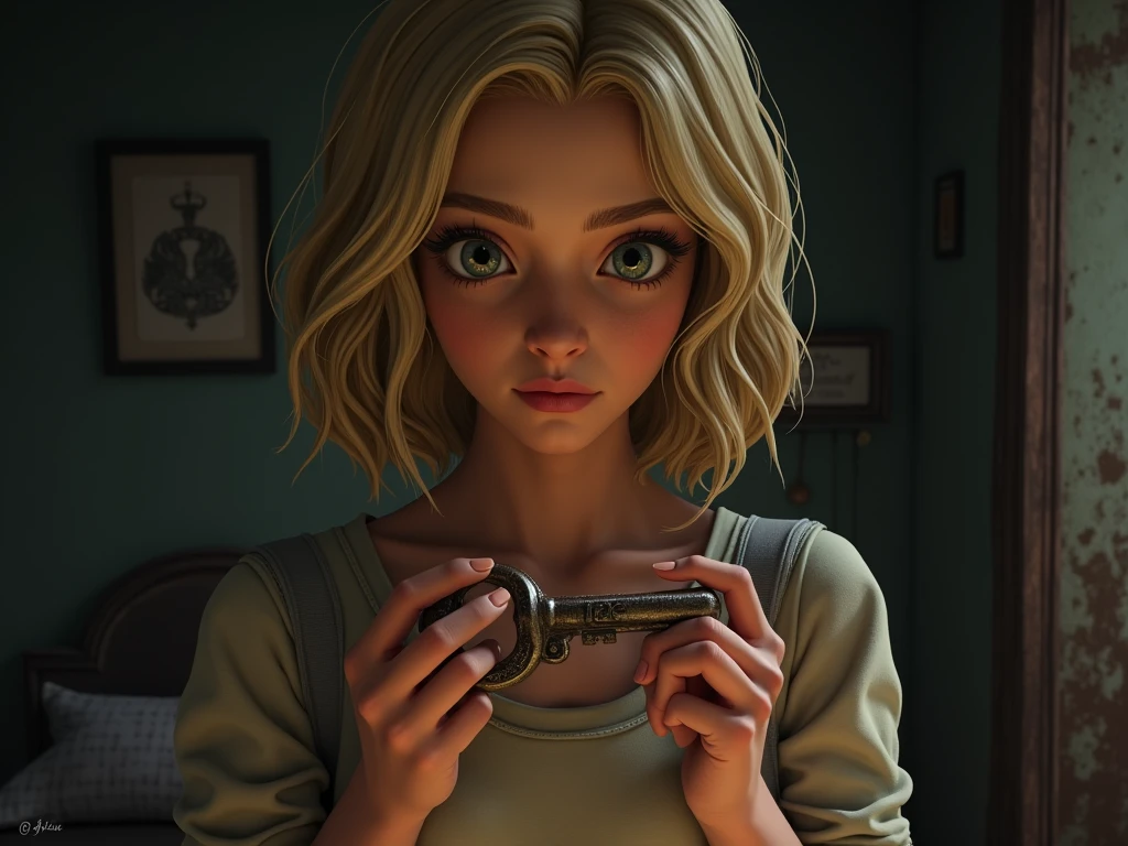 KATIE
(to herself)
It has to open something...
She notices a faded engraving on the key: L 12.
Katie is a blonde