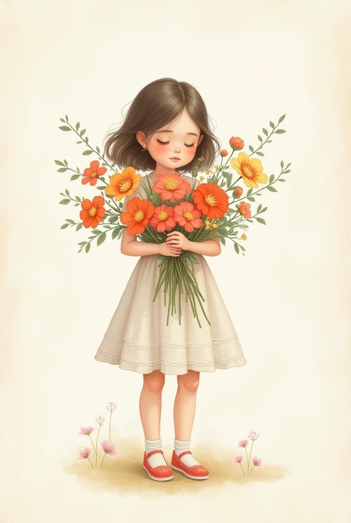 Drawing paper with a girl holding flowers on it 