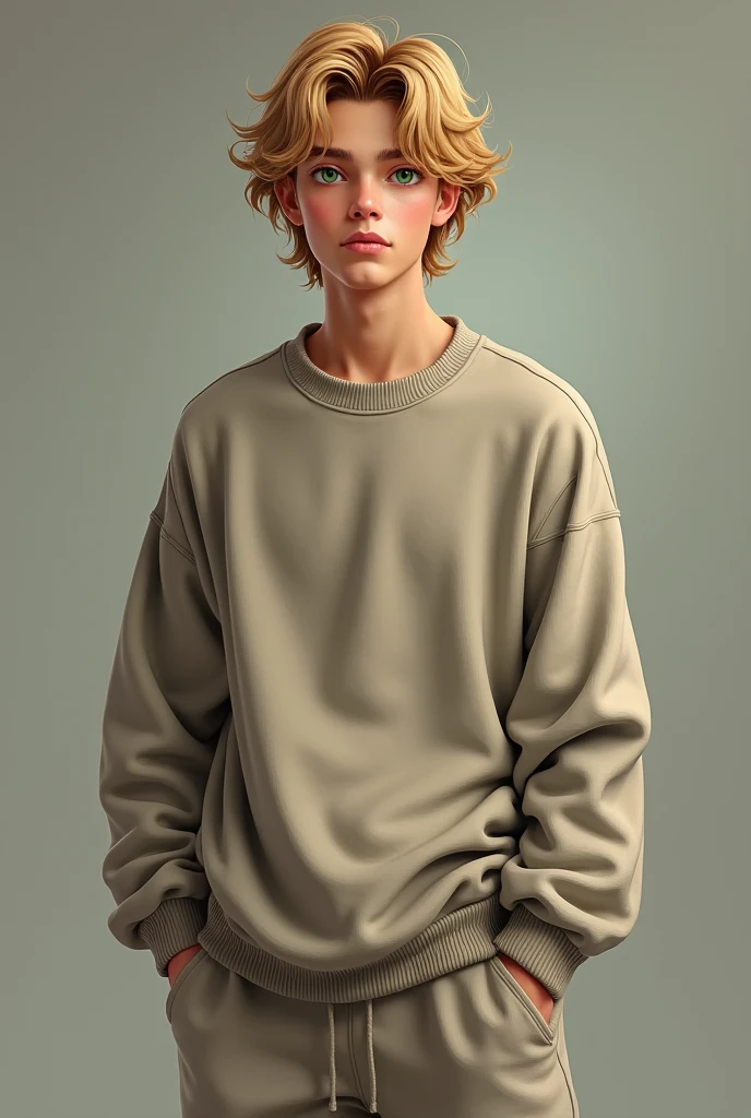 Realistic drawing of a 1 blond man with green eyes, sitting on the floor of his room and leaning against the dark black wall, with a black sweatshirt, with dark circles, struck, with tears in her eyes, sad