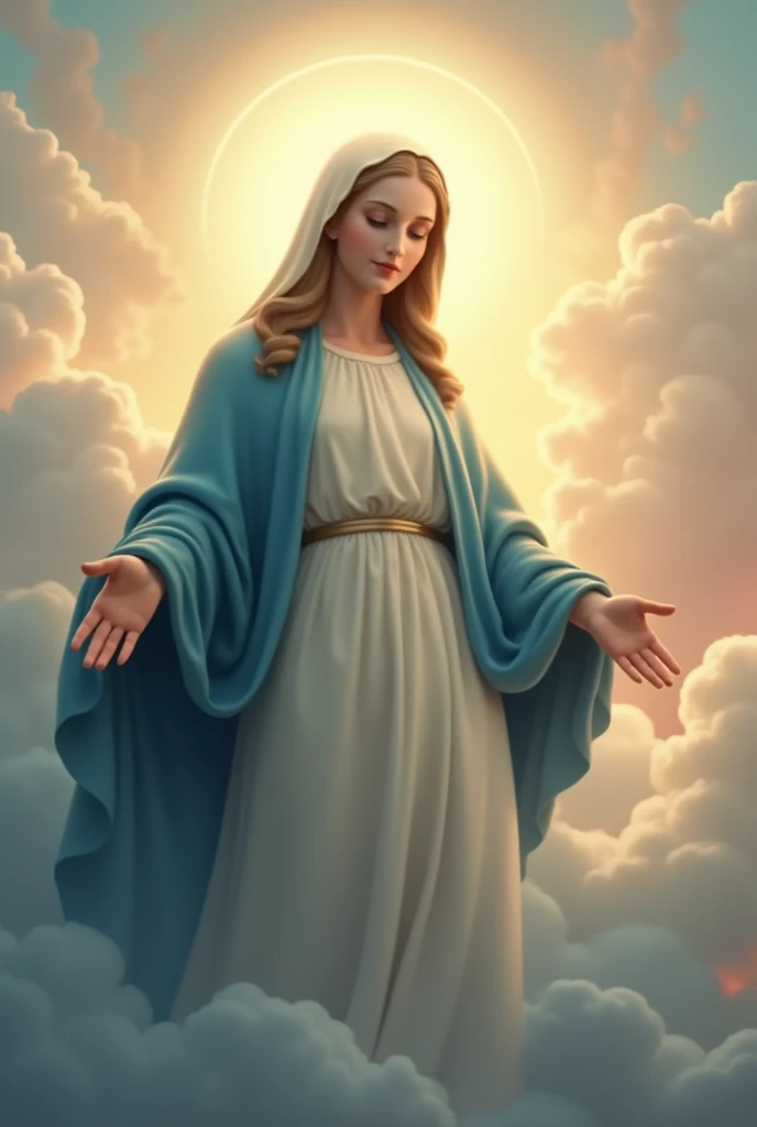 Maria, mother of Jesus, manto azul celeste, vestido branco simples, rosto brilhante ofuscante, corpo brilhante com e halo