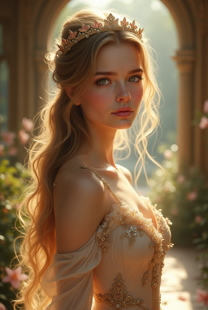 (best quality,4k,8k,highres,masterpiece:1.2), ultra-detailed, (realistic,photorealistic,photo-realistic:1.37), portraits, HDR, Greek mythology, beautiful goddess Venus portrait, perfect DNA, detailed eyes, detailed lips, stunning beauty, flowing golden hair, nude, perfect body, perfect nude, graceful pose, enchanting gaze, vibrant colors, soft lighting.(NSFW:1.4) ancient Greek deity, gazes directly into the camera's lens, flowing hair cascades over her shoulders, off-the-shoulder attire accentuating her grace, vivid colors, ancient temples and marble columns softly blurred in background, late afternoon Mediterranean light casting a warm glow on her porcelain skin, high-resolution image, digital painting, spiritual serenity, golden ratio composition.