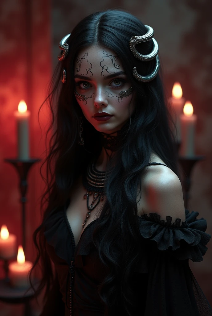 1 Demon woman with horns, black long hair, ultra detailed face and eyes, Eye color red, hyperrealistic, realistic representation, 30 years old, dancing in hell, pretty face, She wears a long black dress decorated with chains, wears high strap boots, in the background you can see demons, full body view