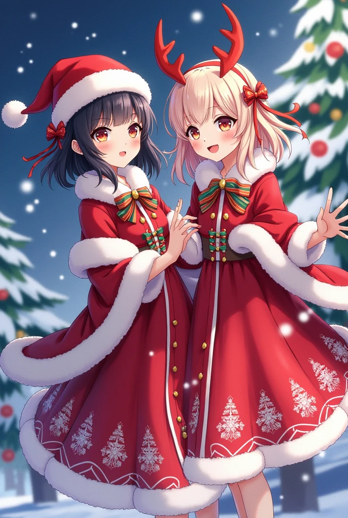 Sisters aged 4 and 2 are getting ready for Christmas in their Christmas outfits