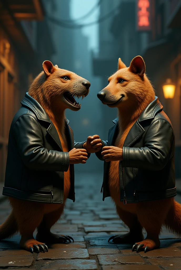 Big fat mafia bear in leather jacket kissing a mafia werewolf