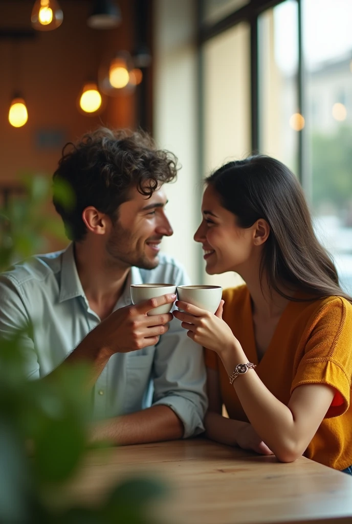 there is a man and a woman sitting at the table with coffee, sorrindo um para o outro, sentado em uma mesa cor de mocha, casal sorridente, olhando um para o outro sem pensar, absolutamente, Homem e mulher apaixonados, arm around her neck, mulher segurando outra mulher, flertando sorrindo, foto de uma bela, they are in love, Casal feliz, romantic couple