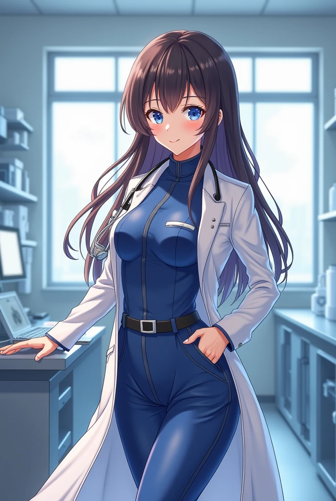 masterpiece, Best quality. Slender Girl. wears a blue latex suit. also wearing a lab coat over the suit. Long brown hair, Blue eyes. wears metal knee socks. smiling, Mouth open, happy face. Eyes wide open.