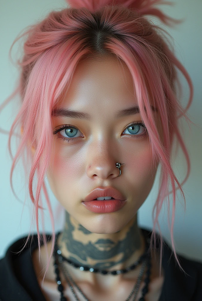 thai girl, beautiful face features, light freckles, fun colorful hair, fully naked tattoed body, fishnet stocking looking away