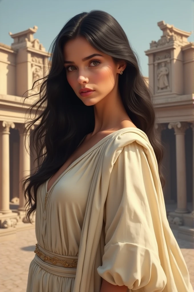 A teenage Greek goddess with cinnamon skin, long straight black hair, slim and beautiful and black eyes 