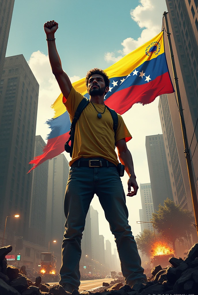 Angry young man raises Venezuelan flag