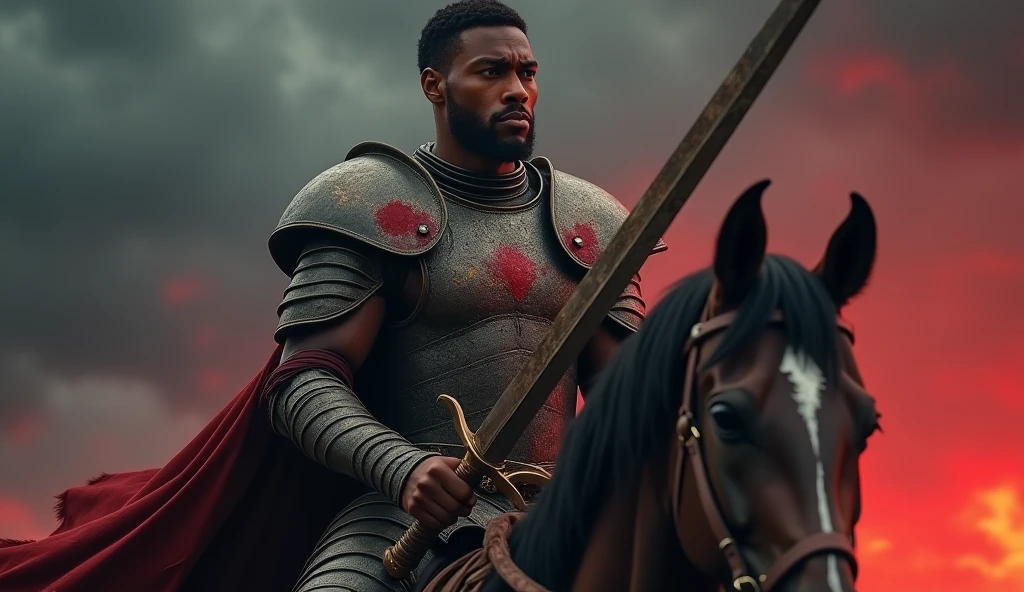 a fierce black warlord riding on his horse with his warriors, war going on on a battlefield, he threw a spear and hit someone on the chest, 8k realistic imagery, blue scenery like a movie scene, old american setting, inspired by blade runner movie scene, blue tone,