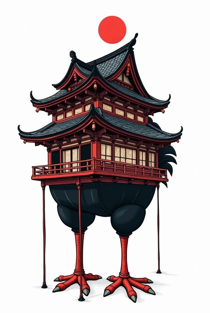 A classic Japanese-style Baba Yaga house , drawn with bold, marked black lines and a minimalist design . The house is perched on large, clawed chicken legs, incorporating traditional Japanese architectural elements like curved roofs and intricate wooden patterns. The structure features a striking black and red color scheme, maintaining a hand-drawn aesthetic . The background is plain white to emphasize the detailed linework and design.