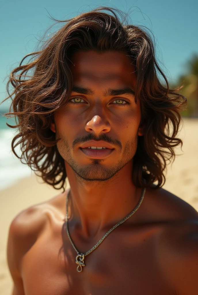 Ultrarealistic portrait high resolution 16k close up of white european man black straight hair, brown eyes, young age. high brightness, high saturation, high contrast, high sharpness.  Background of the image being a beach landscape with sunny blue sky.