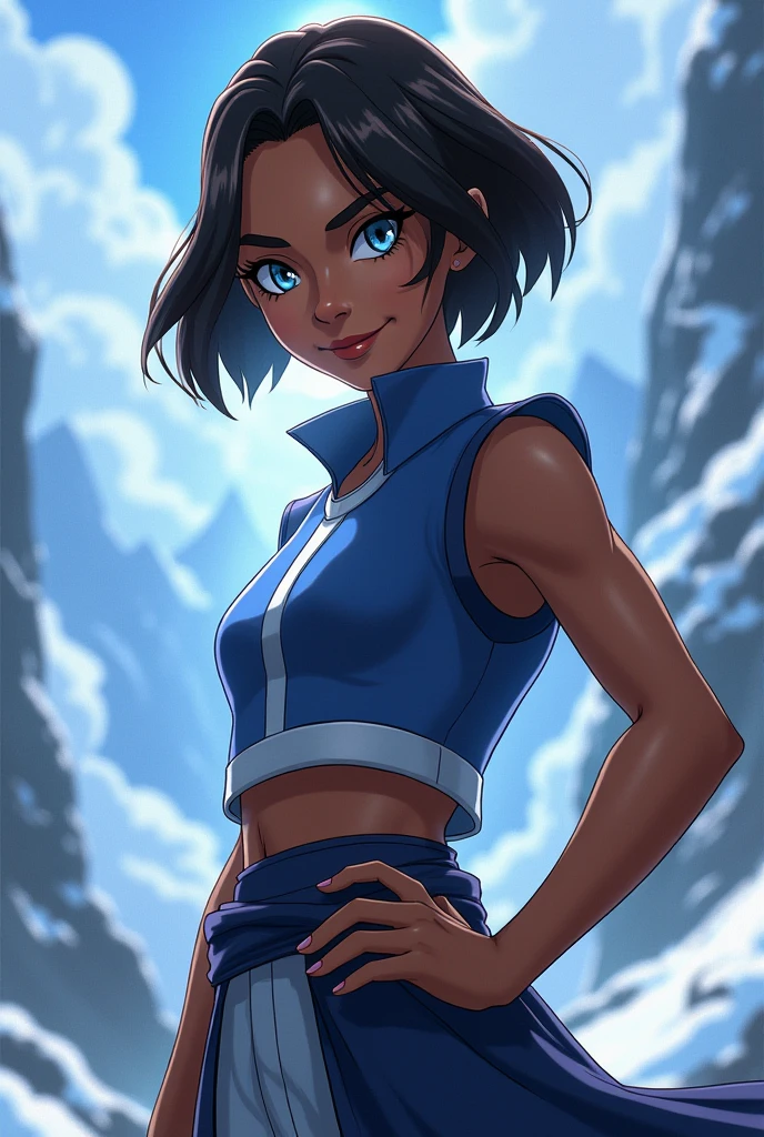 (masterpiece, best quality:1.2), <lora:KorraV2:1>,1girl, bare shoulders, bike shorts, black hair, blue dress, blue eyes, breasts, dark skin, dark-skinned female, korra, navel, smile, solo, toned, short hair, upper body, sfw