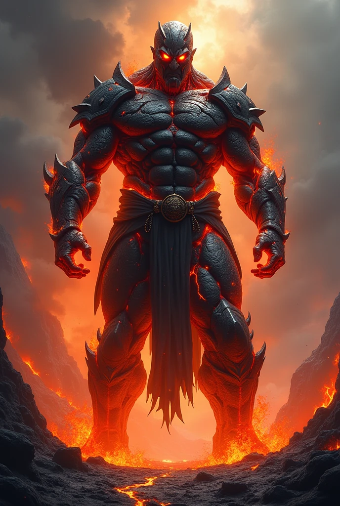 It generates an image of an elemental lava, it has a humanoid shape, it has features of a very muscular man, it is wearing rock armor with cracks all over it, fire comes out of the cracks, it is wearing a cape and hood on so it cannot be seen. see his face. Massive body, ((really big muscle, massive muscular, sixpack, narrow waist, chiseled abs, thick arms, wide pectoral, super huge muscle, hyper muscular, over sized muscle, huge arms, big arms, huge pectoral)).