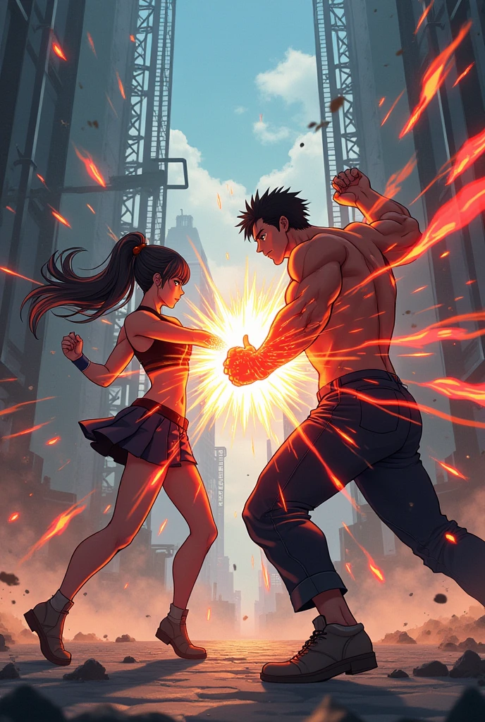  Anime and manhwa-inspired fighters engaged in an epic battle, portrayed through digital illustration in the style of Yoshihiro Togashi. The scene depicts two dynamic characters clashing with intense energy and power. The color temperature is vibrant, with bold contrasts and vivid colors enhancing the intensity of the fight. Facial expressions are determined and focused, reflecting the ferocity of the combatants. Dramatic lighting adds depth and drama to the scene, creating a sense of urgency and excitement. --v 5 --stylize 1000