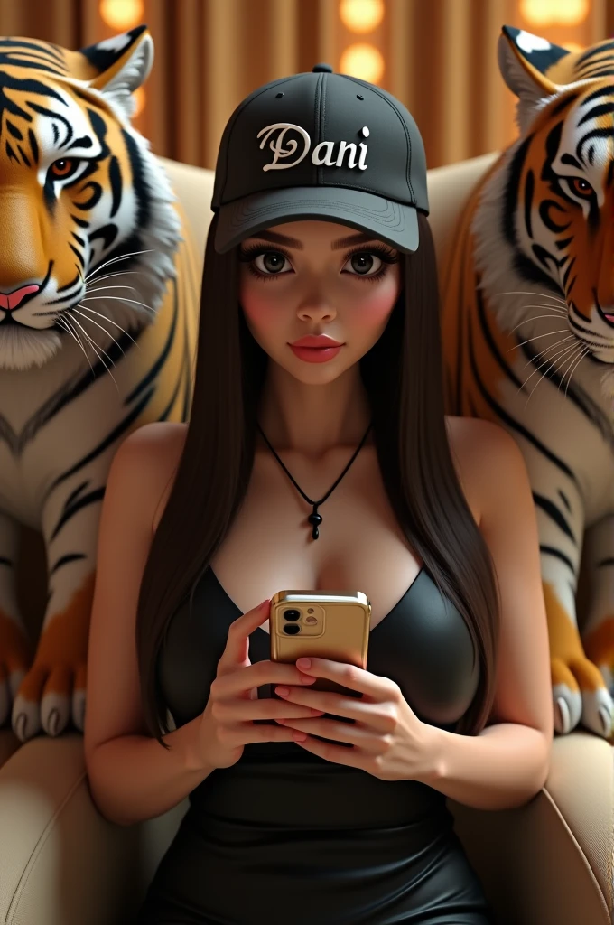 Pixar style poster of a beautiful brown woman with long black hair, wavy with dark brown eyes, chubby girl wearing a watch on her arm. Sitting on a pink filly, on the table full of money, wearing a pink crop top, and short shorts. with tiger next to it holding a golden iPhone cell phone., with casino backgrounds written slots in black colors. Background image name slots