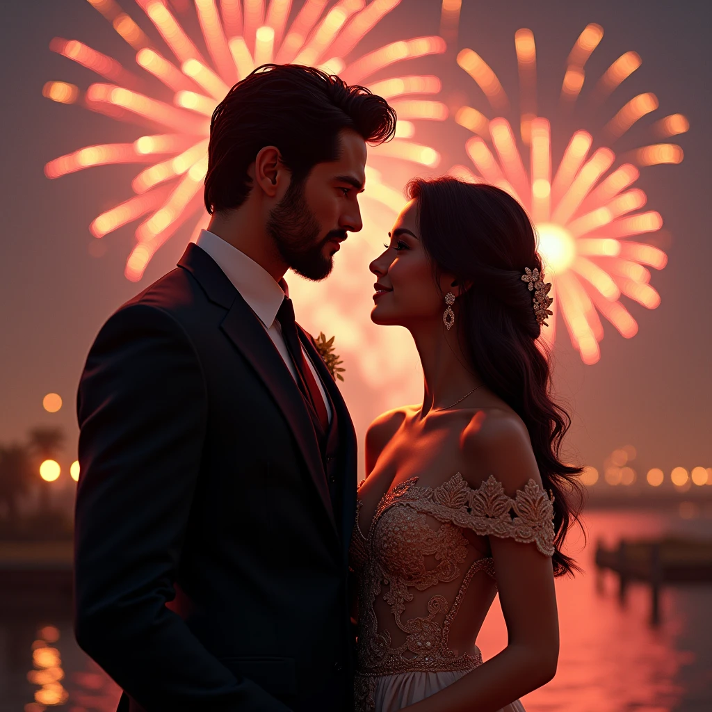 Homem 50 anos e mulher 40 anos, vestidos com fatos de noite muito elegantes e Ultra realistas, dancing together in the crowd, wonderful fireworks lighting up the sky in the background, banner em baixo ao centro com as palavras "HAPPY NEW YEAR" ultra detalhados. Cena de filme vencedor do Oscar, fotografia espetacular, muito detalhada hiper realista, hiper romantico..
