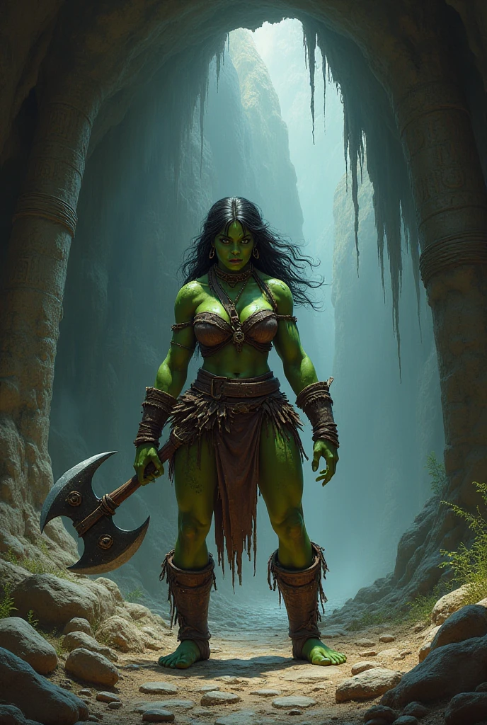 <lora:Craig Mullins Style:1>Craig Mullins Style - Craig Mullins, Mike Mignola, john william waterhouse. Orc woman, archer, longbow, muscular, large tusks, massive build, solid, broad shoulders, bodybuilder standing in an ancient ruin.