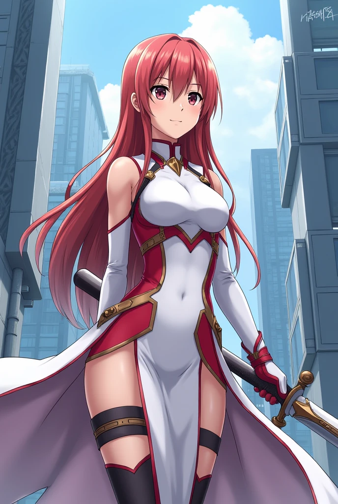 long cerise hair, bikini, brown flared pants, gloves, bell-bottoms, red eyes, sword, city, night, moon, 1girl