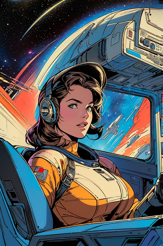 (((Top Quality Masterpiece ))),(((solo:1.2))),((( 1 woman :1.2))), 32K Highly Detailed Wallpaper , Retro Vintage Style ,(dynamic Angles),((( overwhelming highlights))),((most complex machine)), American comics with a very flashy color scheme,80s space thriller movie poster ,70s movie poster,Detailed space station、(((Detailed and perfect woman ))),((( bust up))),(((Galaxy Ecstasy)))