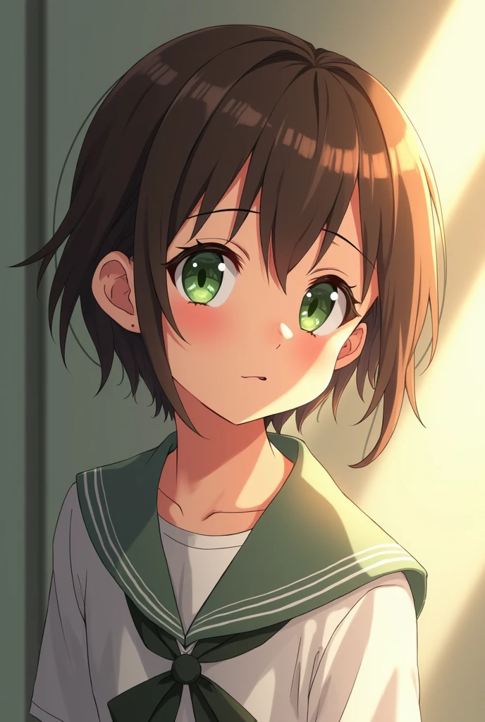 masterpiece, best quality,1girl,<lora:GoodHands-vanilla:0.8> <lora:anmnr01:0.3> <lora:add_detail:0.5>, <lora:Mutuski:0.7>,MutuskiKC,stand,face only, close to viewer,upper body,spoken heart,short sleeve, (Mutuski) uniform, (white) serafuku, (green) sailor collar, (green) pleated skirt, (black) pantyhose, short brown hair,ww2 age office,happy,looking up viewer,spread arms,open mouth