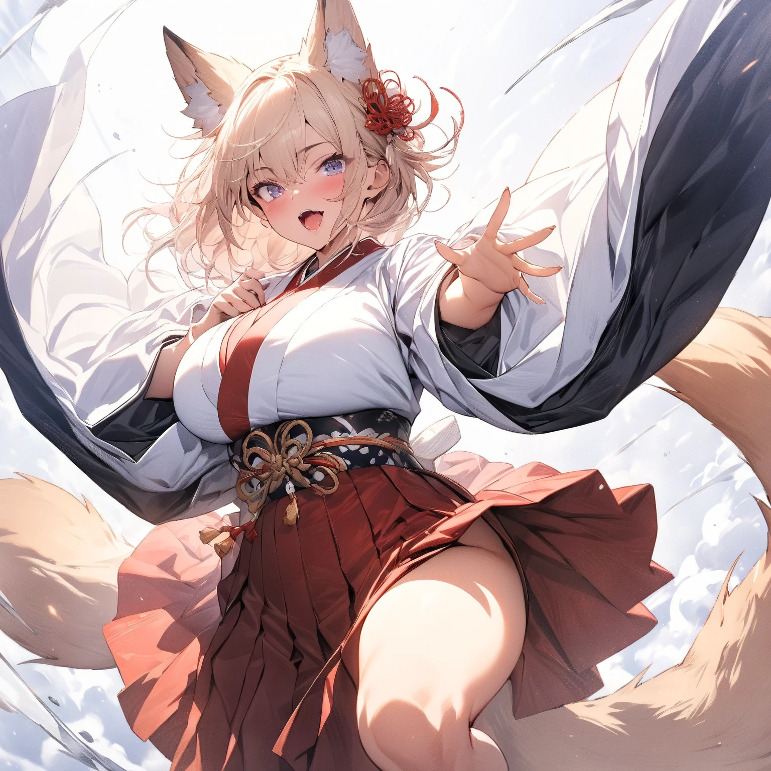(Highest image quality),(Works of masters),(Solo exhibition:1.2),The light from the back window is backlighted,Extremely delicate background,white-mist,Animal ear,1girll,fox ear,By bangs,red eyes,O cabelo multicolorido,Double tail,Animal ear villi,brown hair,hair adornments,Bell,eventide,the sunset,buildings,mostly cloudy sky,edge lit,twotonelighting,ACING audience,Lift your skirt,White panties,huge tit,teasing smile