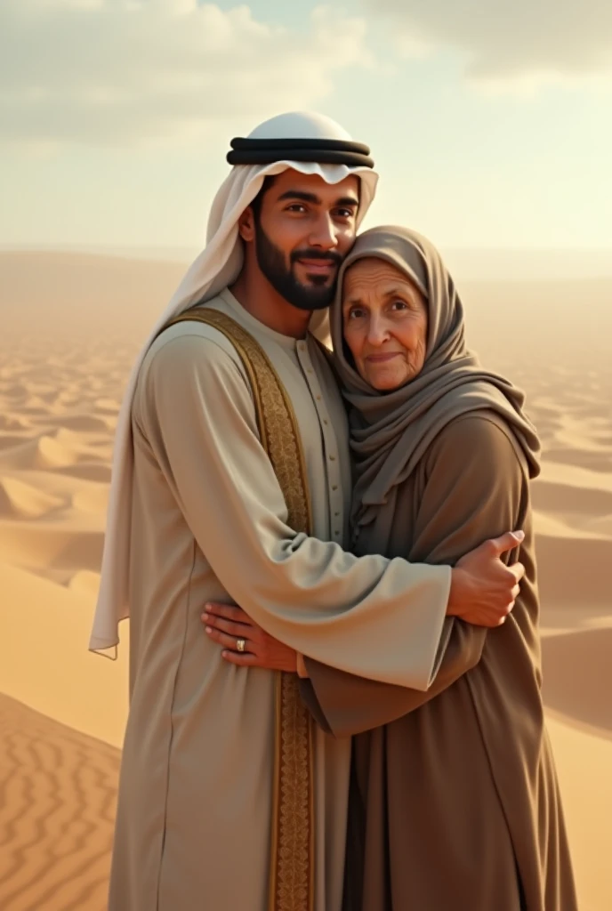 3D wallpaper of a handsome young Arab wearing a turban on his head looking like he is carrying his old mother behind him and wearing a headscarf in the desert