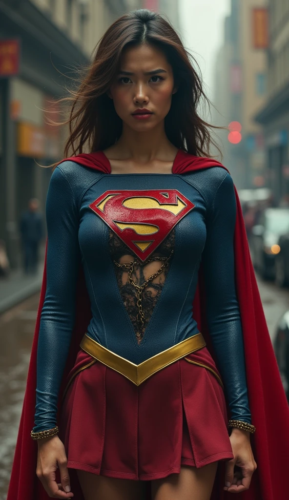 A BUSTY SEXY FEMALE WITH MEDIUM LONG MESSY BLACK HAIR, DREAMY GREEN EYES, WEARING A ONE PIECE BLACK SUPERGIRL TOP WITH A BIG SHINY SILVER "S" EMBLEM ON HER CHEST, A PLEATED SHORT BLACK SKIRT WITH A SILVER LEATHER BELT, LONG BLACK BOOTS WITH SILVER TRIM, AND A LONG BLACK AND RED CAPE. RED LIPSTICK, RED FINGERNAILS. INCREDIBLY DETAILED PALE WHITE SKIN, INCREDIBLEY DETAILED FACE, INCREDIDBLEY DETAILED CLOTHING, TEXTURED SKIN PORES, TEXTURED HAIR, 8K ABSURD RESOLUTION, MASTERPIECE. PHOTO REALSITIC, HYPER REALISTIC. CHAOTIC BACKGROUND. 16K RESOLUTION. PREFESSIONAL GRADE IMAGE.
