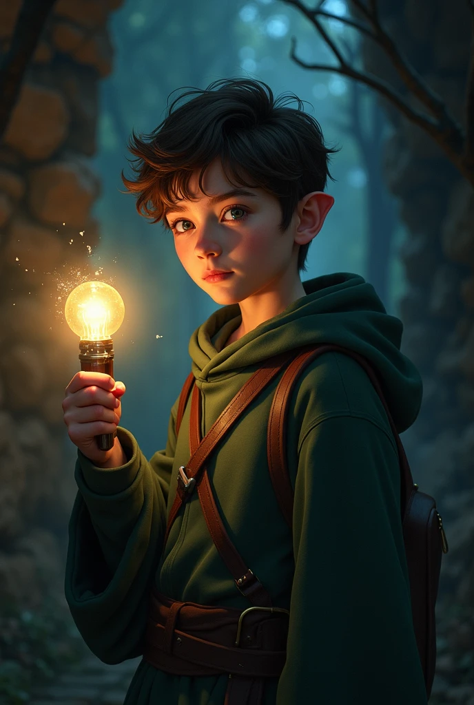 A boy with dark brown hair and bright, curious eyes. He is small for his age, but displays unusual determination and intelligence. Geralmente, wear simple clothes, but always carries a book of witchcraft and some magical accessories. (humanized)