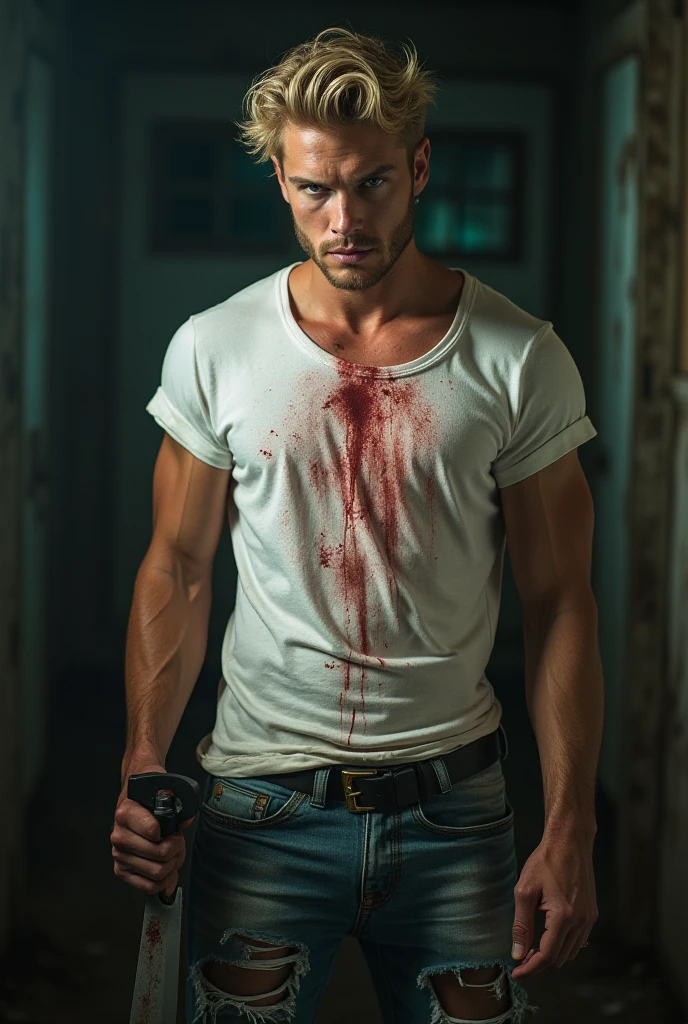 muscular, beautiful blond man, 25 years old, dressing white t-shirt , entering the living room, body front, blood stains on white t-shirt