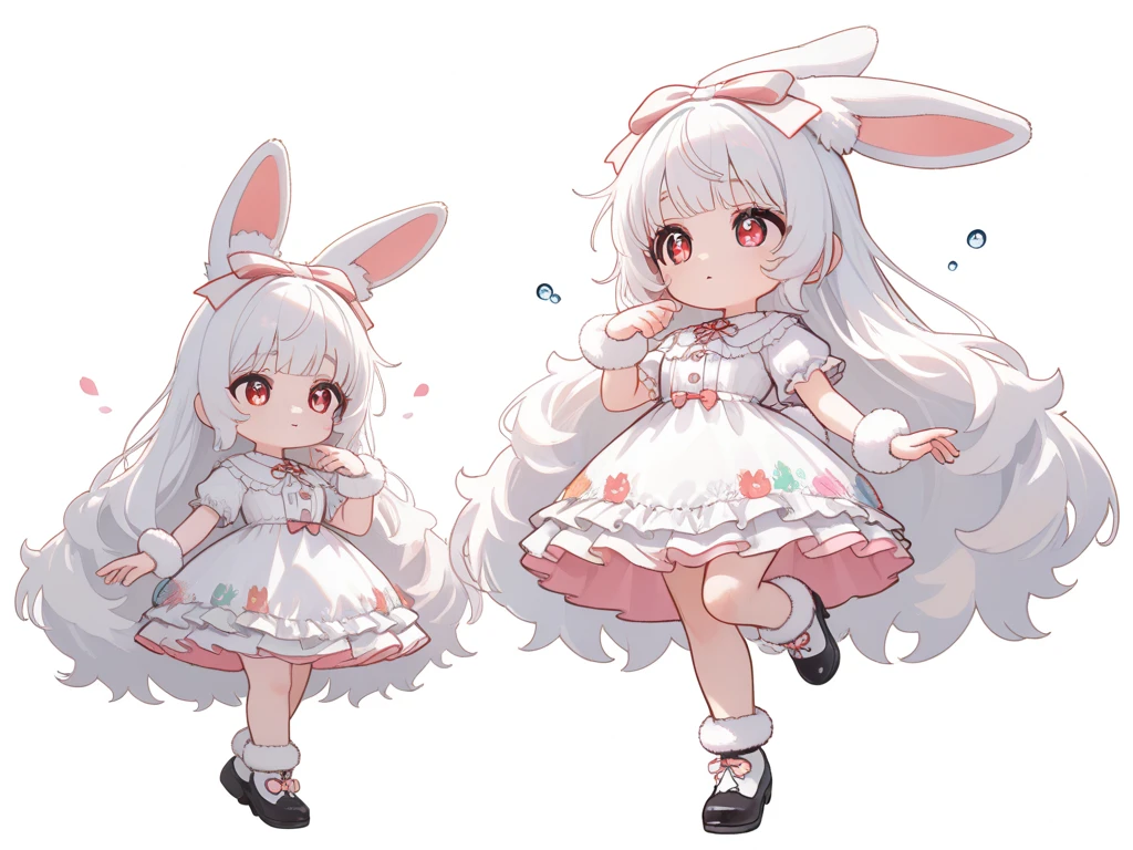 (solo:1.2),1girl\(chibi,cute,kawaii,(white hair:1.4),(very long hair:1.6),bangs,(ear\(fluffy,white,rabbit-ear\):1.4),red eye,big eye,beautiful shiny eye,detailed pupils,skin color white,big black hairbow\(with print\),(cute white frilled silky dress:1.3),breast,cute pose,cute hand sign,korean idol pose,(cute symbol mark in eye),wrist fur,rabbit-tail,shiny skin,shiny hair,full body,1r1d3sc3nc3, slightly (smile:0.5),looking away\),colorful roses petals, beautiful water drops,beautiful day,fairy tale atmosphere,close-up girl,3d,(((dynamic pose))),masterpiece,best quality,newest,dynamic angle