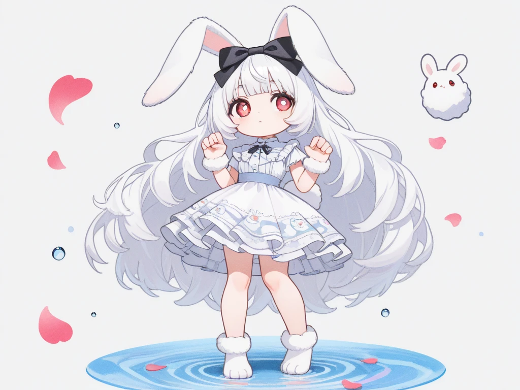 (solo:1.2),1girl\(chibi,cute,kawaii,(white hair:1.4),(very long hair:1.6),bangs,(ear\(fluffy,white,rabbit-ear\):1.4),red eye,big eye,beautiful shiny eye,detailed pupils,skin color white,big black hairbow\(with print\),(cute white frilled silky dress:1.3),breast,cute pose,cute hand sign,korean idol pose,(cute symbol mark in eye),wrist fur,rabbit-tail,shiny skin,shiny hair,full body,1r1d3sc3nc3, slightly (smile:0.5),looking away\),colorful roses petals, beautiful water drops,beautiful day,fairy tale atmosphere,close-up girl,3d,(((dynamic pose))),masterpiece,best quality,newest,dynamic angle