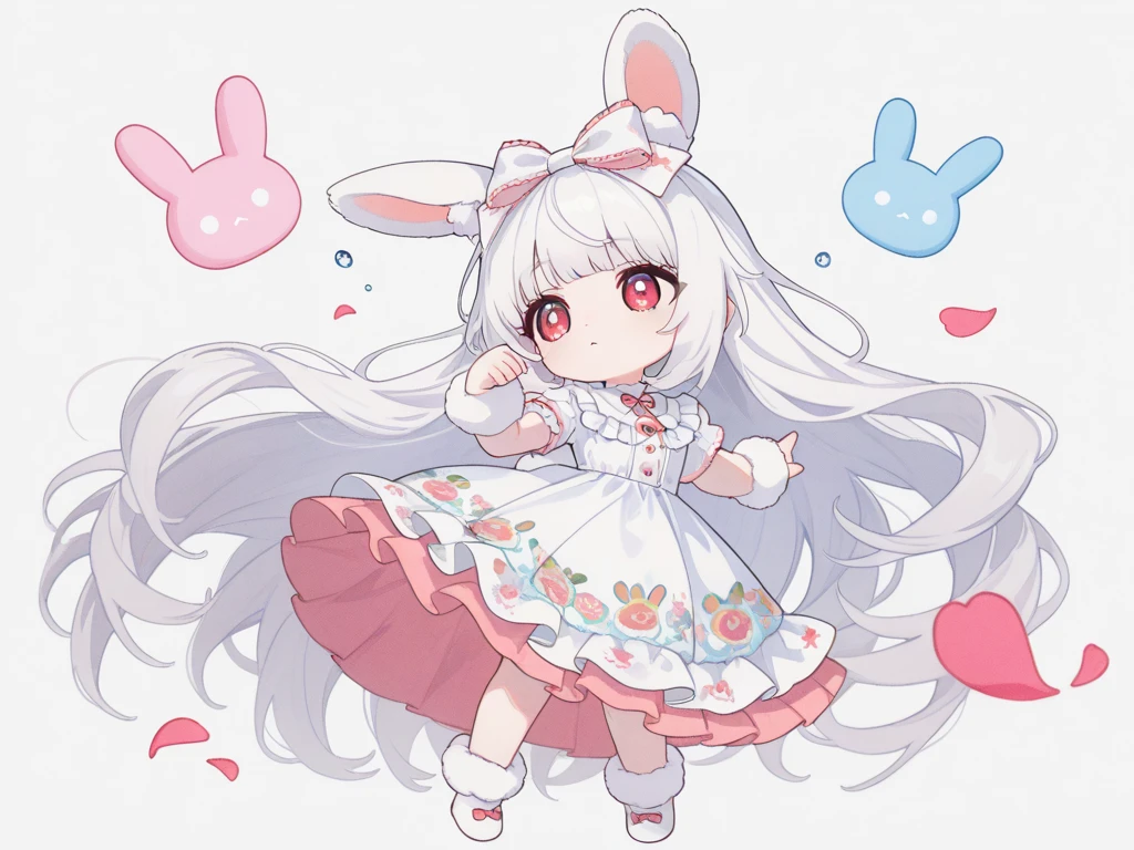 (solo:1.2),1girl\(chibi,cute,kawaii,(white hair:1.4),(very long hair:1.6),bangs,(ear\(fluffy,white,rabbit-ear\):1.4),red eye,big eye,beautiful shiny eye,detailed pupils,skin color white,big black hairbow\(with print\),(cute white frilled silky dress:1.3),breast,cute pose,cute hand sign,korean idol pose,(cute symbol mark in eye),wrist fur,rabbit-tail,shiny skin,shiny hair,full body,1r1d3sc3nc3, slightly (smile:0.5),looking away\),colorful roses petals, beautiful water drops,beautiful day,fairy tale atmosphere,close-up girl,3d,(((dynamic pose))),masterpiece,best quality,newest,dynamic angle