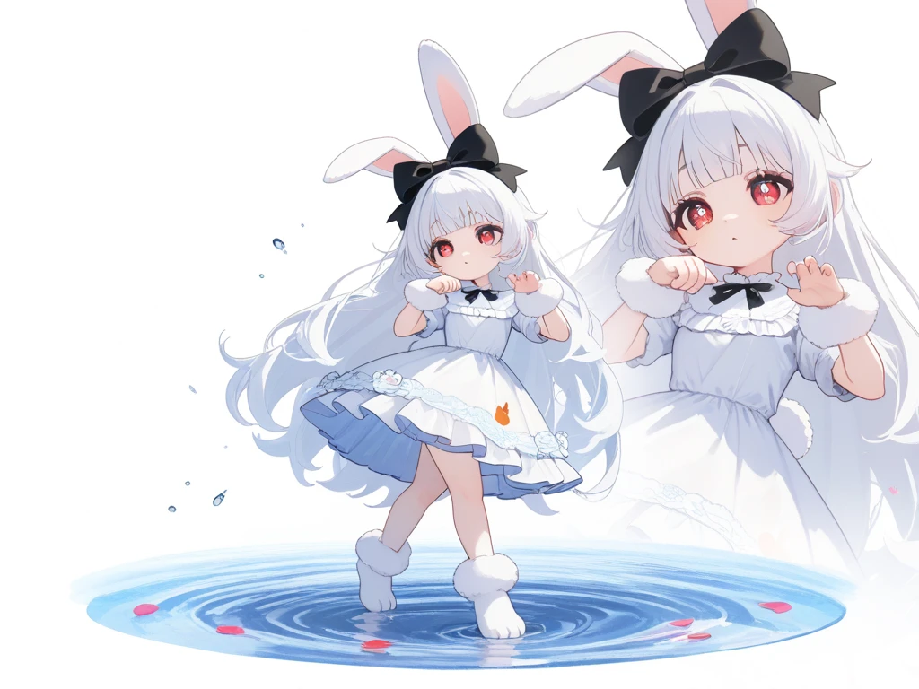 (solo:1.2),1girl\(chibi,cute,kawaii,(white hair:1.4),(very long hair:1.6),bangs,(ear\(fluffy,white,rabbit-ear\):1.4),red eye,big eye,beautiful shiny eye,detailed pupils,skin color white,big black hairbow\(with print\),(cute white frilled silky dress:1.3),breast,cute pose,cute hand sign,korean idol pose,(cute symbol mark in eye),wrist fur,rabbit-tail,shiny skin,shiny hair,full body,1r1d3sc3nc3, slightly (smile:0.5),looking away\),colorful roses petals, beautiful water drops,beautiful day,fairy tale atmosphere,close-up girl,3d,(((dynamic pose))),masterpiece,best quality,newest,dynamic angle