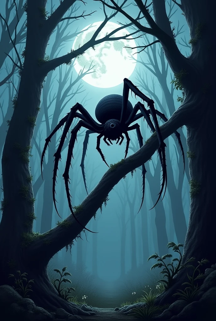 In the evening a .  dark forest in the moonlight do you see trees in which a giant black widow sees