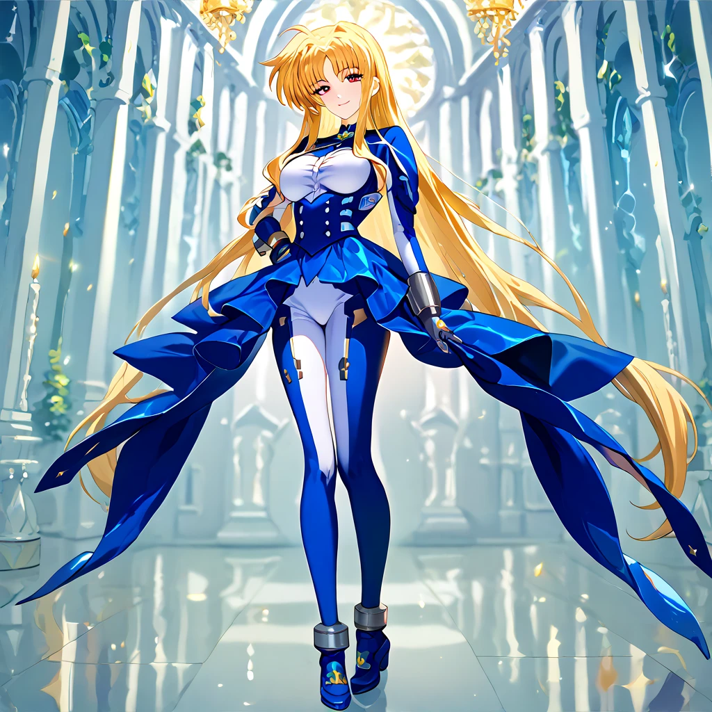 (( top quality )), ((masterpiece)), ( Details), （perfect face）、Blonde Fate Testarossa wears a blue full-body number suit and poses in a sexy pose showing her whole body