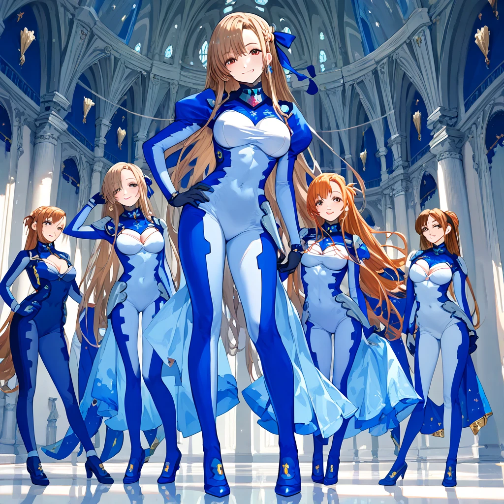 (( top quality )), ((masterpiece)), ( Details), （perfect face）、Yuki Asuna with bright brown hair wears a blue full body suit number suit and poses in a sexy pose showing her whole body