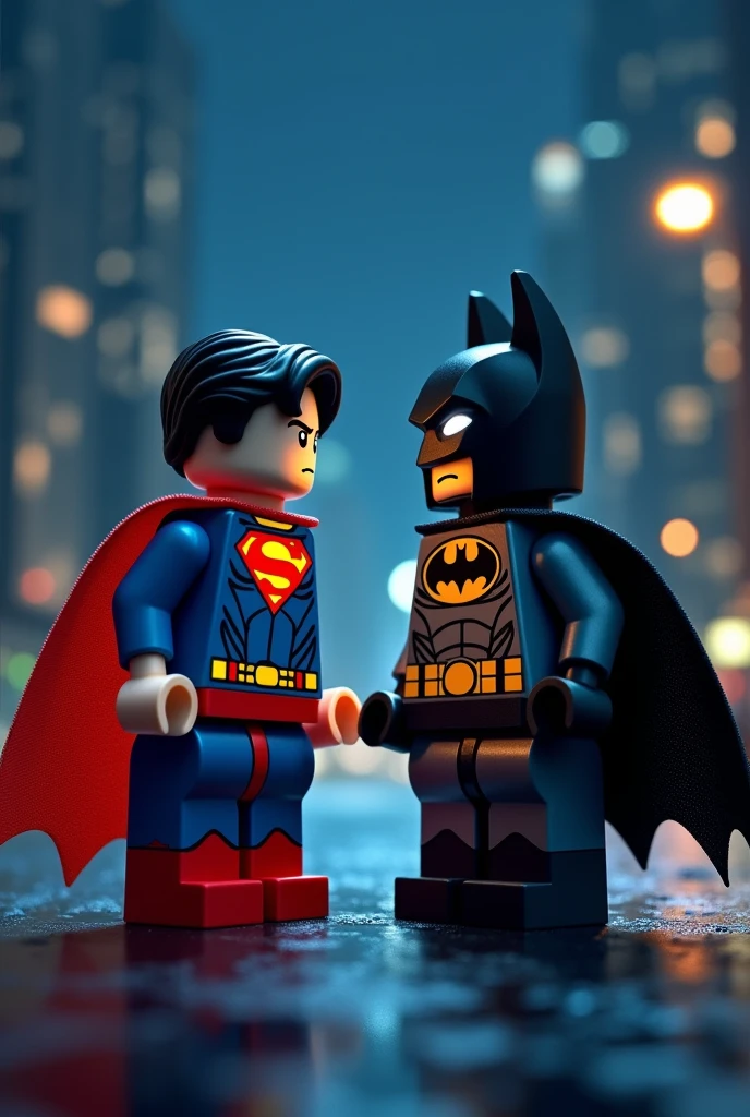 Superman et Batman en art lego, nuit.