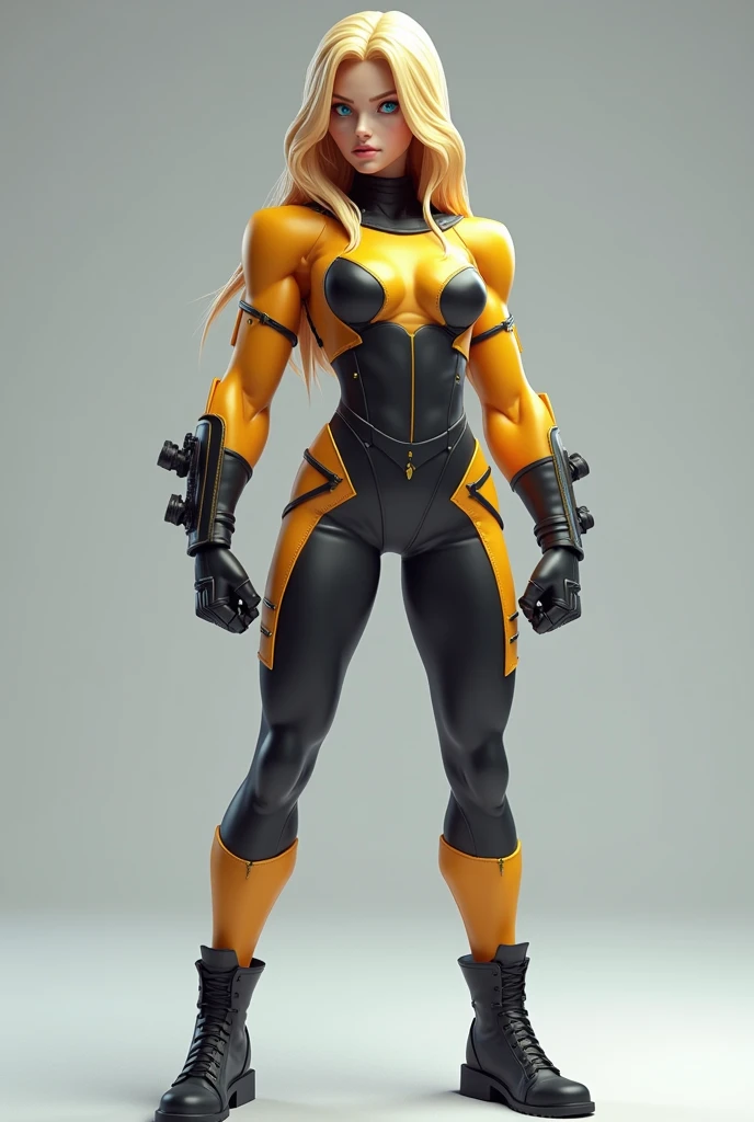 ((character design sheet)),((full body view)),1 Same Girl , Perfect Beautiful , ((android woman)), yellow leather harness , Athletic Body , brasilian butt, beautifull breast, Realistic Lighting, Crowd , Gothic Tattoo , standing pose , Look at Viewer, simple background,
