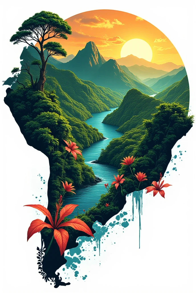 Create a shirt with the print of the state of Amazonas and with reference to the pink button, Amazon rainforest 