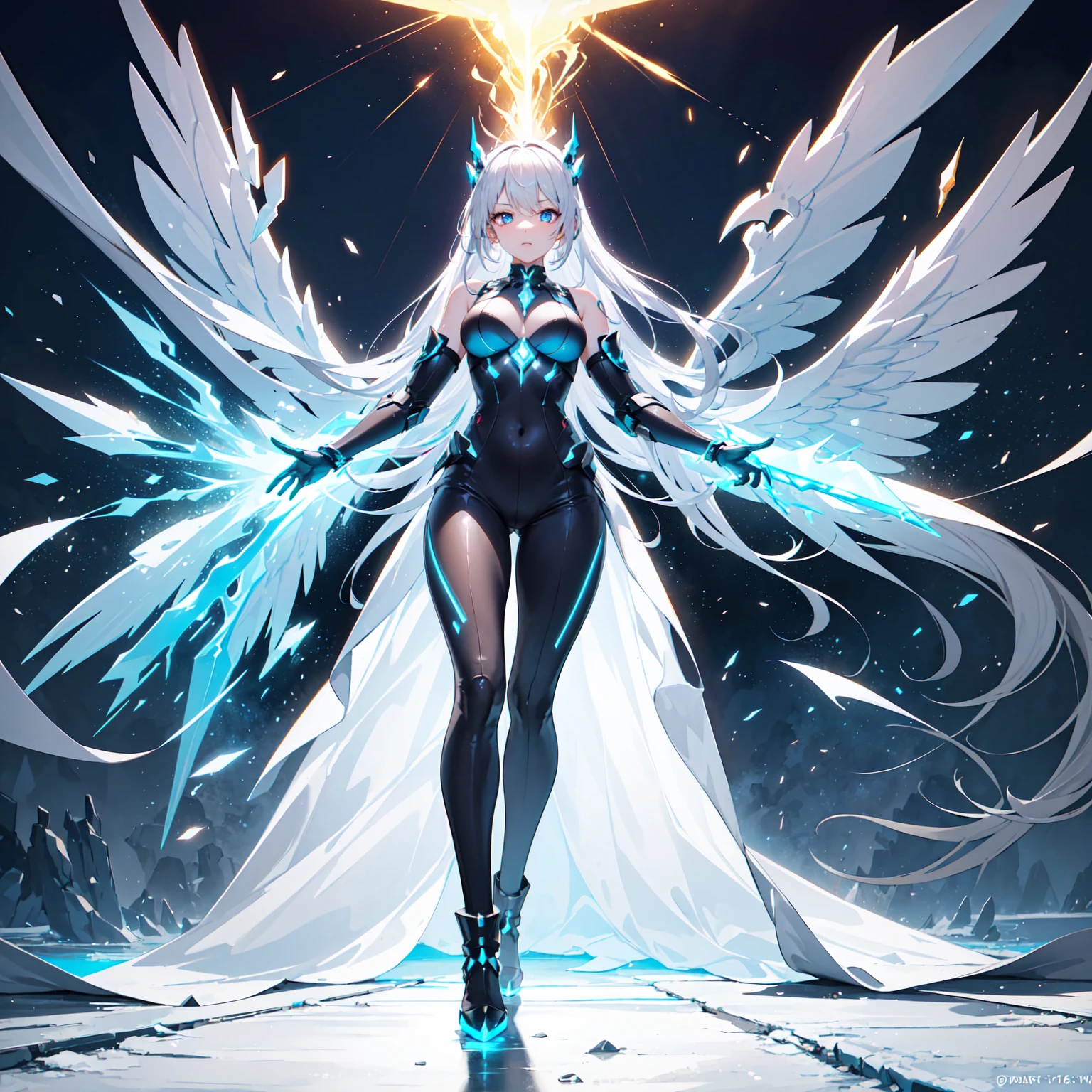 Visualize a powerful cyborg standing tall, adorned with sleek metallic wings that emanate an ominous darkness. In its grasp, a formidable ice sword gleams with a cold, ethereal glow. The dark wings add an extra layer of mystery and intensity to the cybernetic being.