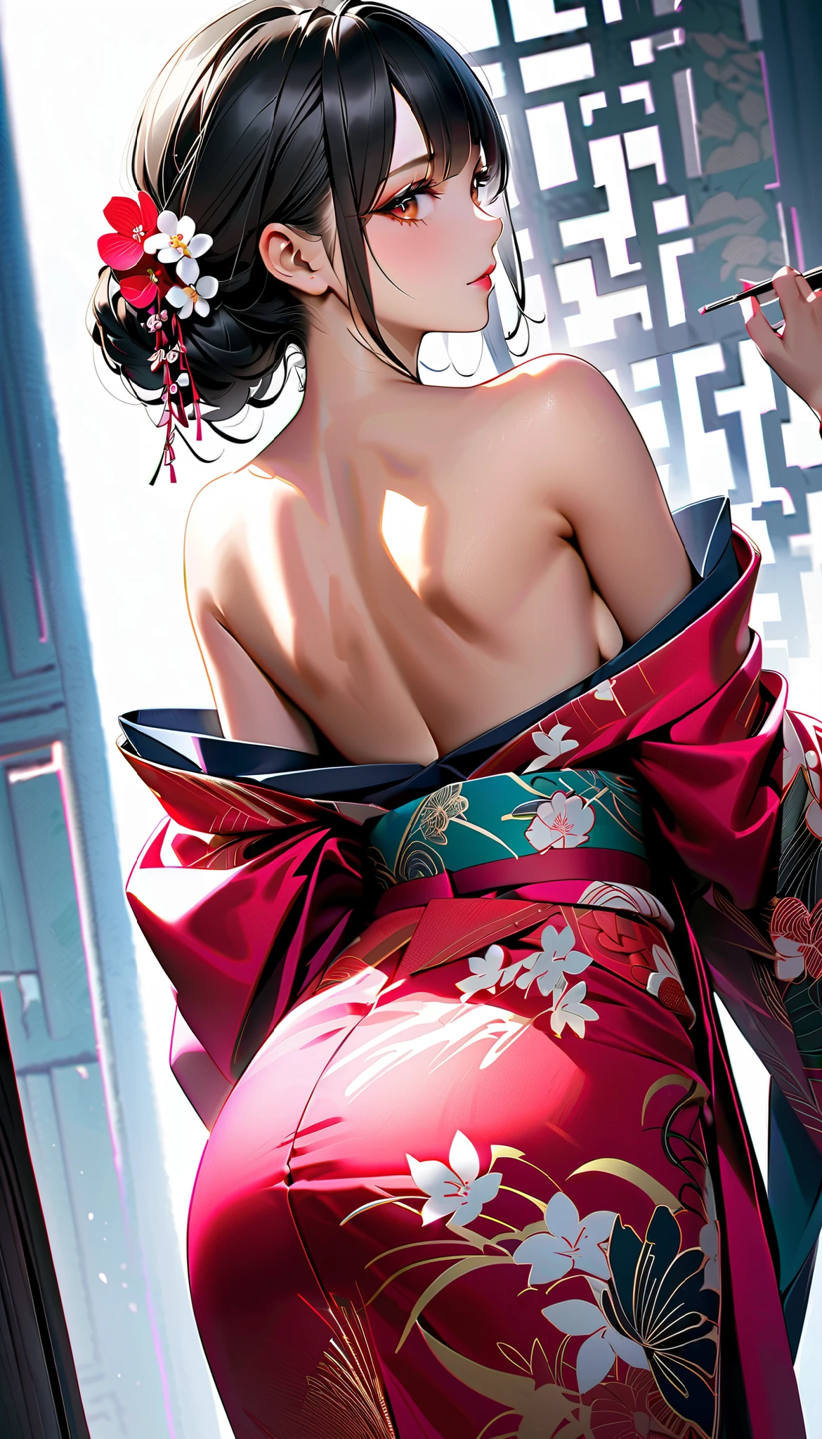 Sexy back, Attractive woman in traditional Japanese kimono, alone, Strapless off-shoulder kimono, Dark brownish black hair, Detailed and realistic skin texture, High contrast attractive skin tones, Captivating soft make-up, BREAK Luxury Japanese Kimono, Detailed silk texture, Silk luster, Fine and supple, Vibrant colors, Skin tension that accentuates cleavage, BREAK Gorgeous patterns on kimonos, Detailed and intricate coloring, Aesthetic high contrast, Healthy Skin, BREAK A bold composition that seduces the viewer, Absurd aesthetics, BREAK Full Body Shot,