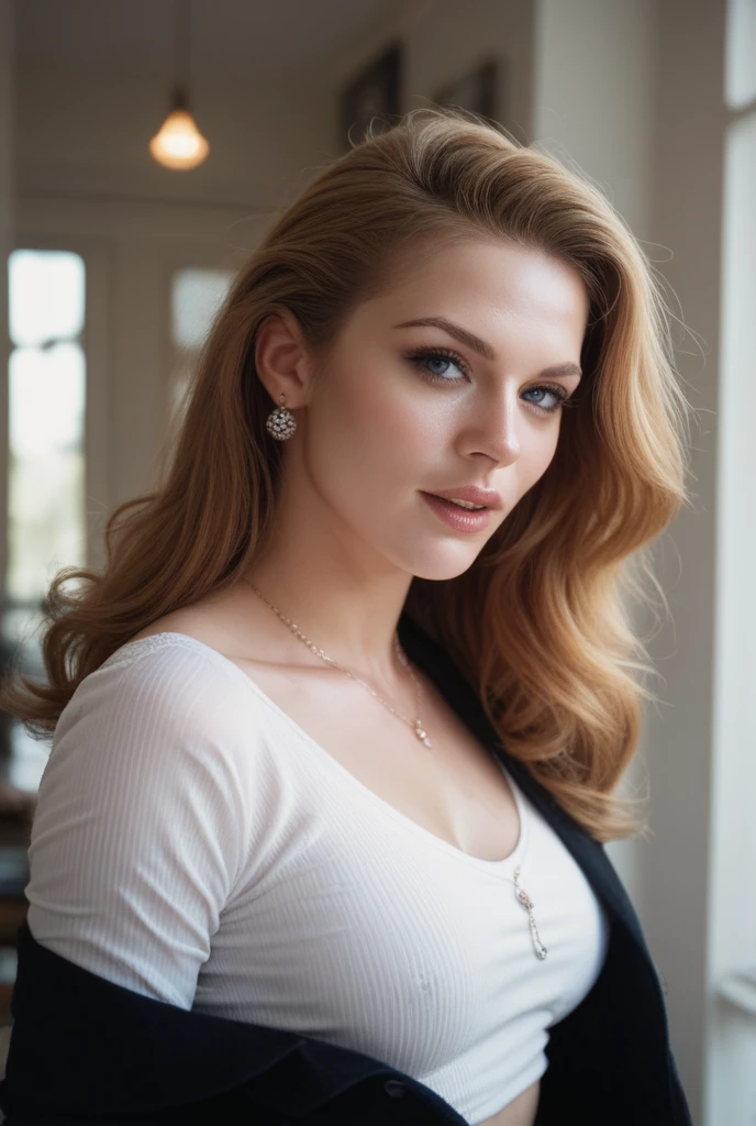 portrait of a blonde woman posing in nature. wears a modern white cotton dress with a very deep v-neckline. vintage photo like 1980s with film grain. 135 mm f/2 lens.