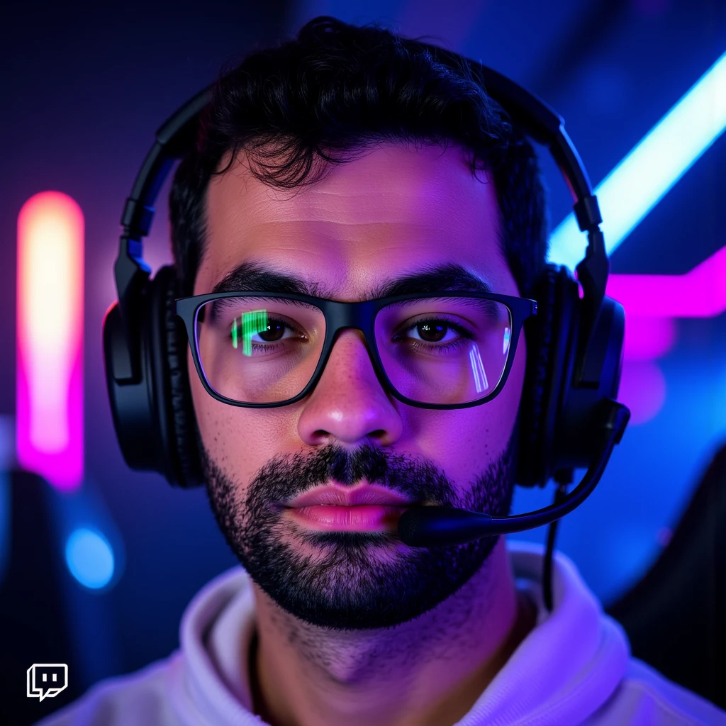 ((Masterpiece)), (ultra-detailed), (8k resolution), A dynamic **Twitch avatar** of **Pivalora2**, styled for a professional e-sports vibe. The composition features a close-up of **Pivalora2’s face**, wearing **black prescription glasses** with a sleek, modern frame that reflects faint **RGB lighting** from a professional gamer headset. His expression is confident and focused, showcasing the determined attitude of a competitive gamer.  

The background is minimal yet vibrant, incorporating a **blurred neon glow** in hues of blue and purple, inspired by the energetic ambiance of gaming arenas. The lighting is sharp and cinematic, with highlights on his glasses and headset for a polished, high-quality appearance. The design integrates a **subtle Twitch logo-inspired outline** or **stylized gamer tag (Pivalora2)**, placed at the bottom corner for branding.  

Perfect for Twitch use, this avatar blends professionalism with personality, capturing the essence of **e-sports competition** in a bold, engaging way. **(Twitch avatar, e-sports branding, RGB lighting, cinematic focus, neon accents, professional design)**.  