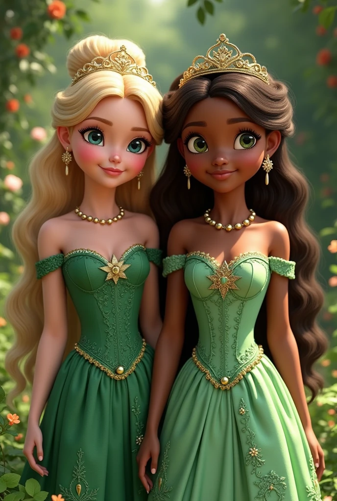  brown skin color, blonde curly hair ,green princess dress, wearing princess crown, with a frog in hand