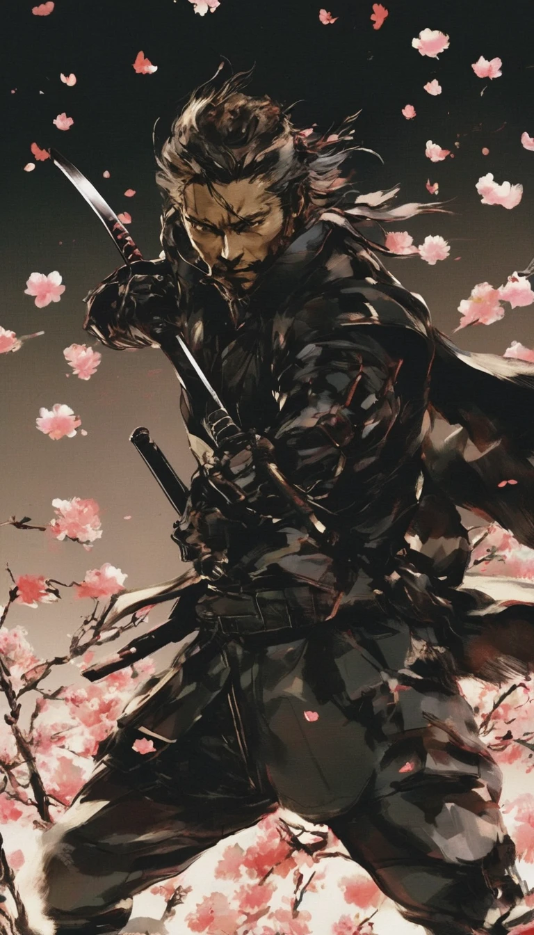 score_9, score_8_ up, score_7_ up, Man Wearing Black Jinpei ,  Mysterious light falls on 、 Samurai Pulling Out a Sword in Front of His Face {x},   Black Jinbei Flying Around  ,  Serious Face ,  dark eyes,  dark background ,   Man Holding Cherry Blossom Petals  ,  more info, Epic Pictures , Spectacular Scene, Dramatic lighting, High budget, Bokeh, cinemascope, Sulky, amazing, nice,  film grain, Rough, masterpiece,  top quality , Yoji Shinkawa