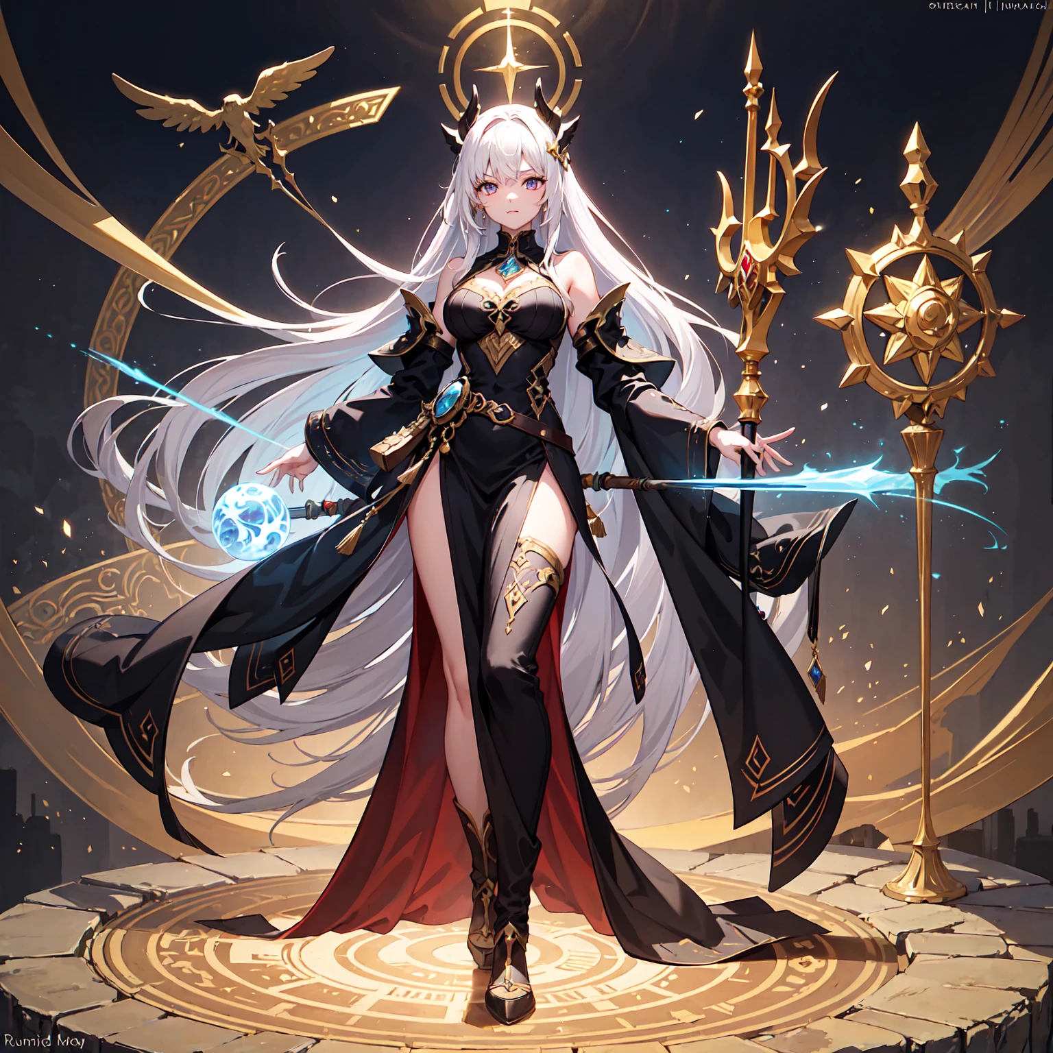 (anime face) (complex clothing details) (best quality) (masterpiece) female adult elf with dark blonde hair wearing a beautiful glowing dress with demonic Accessoires and gemstones and silver armor details, wearing a beautiful glowing dress with demonic Accessoires and gemstones and black silver armor details, demon horns, purple armor, full body, wizard dress, elven dress, female adult elf with dark blonde hair wearing a beautiful glowing dress with demonic Accessoires and gemstones and silver armor details